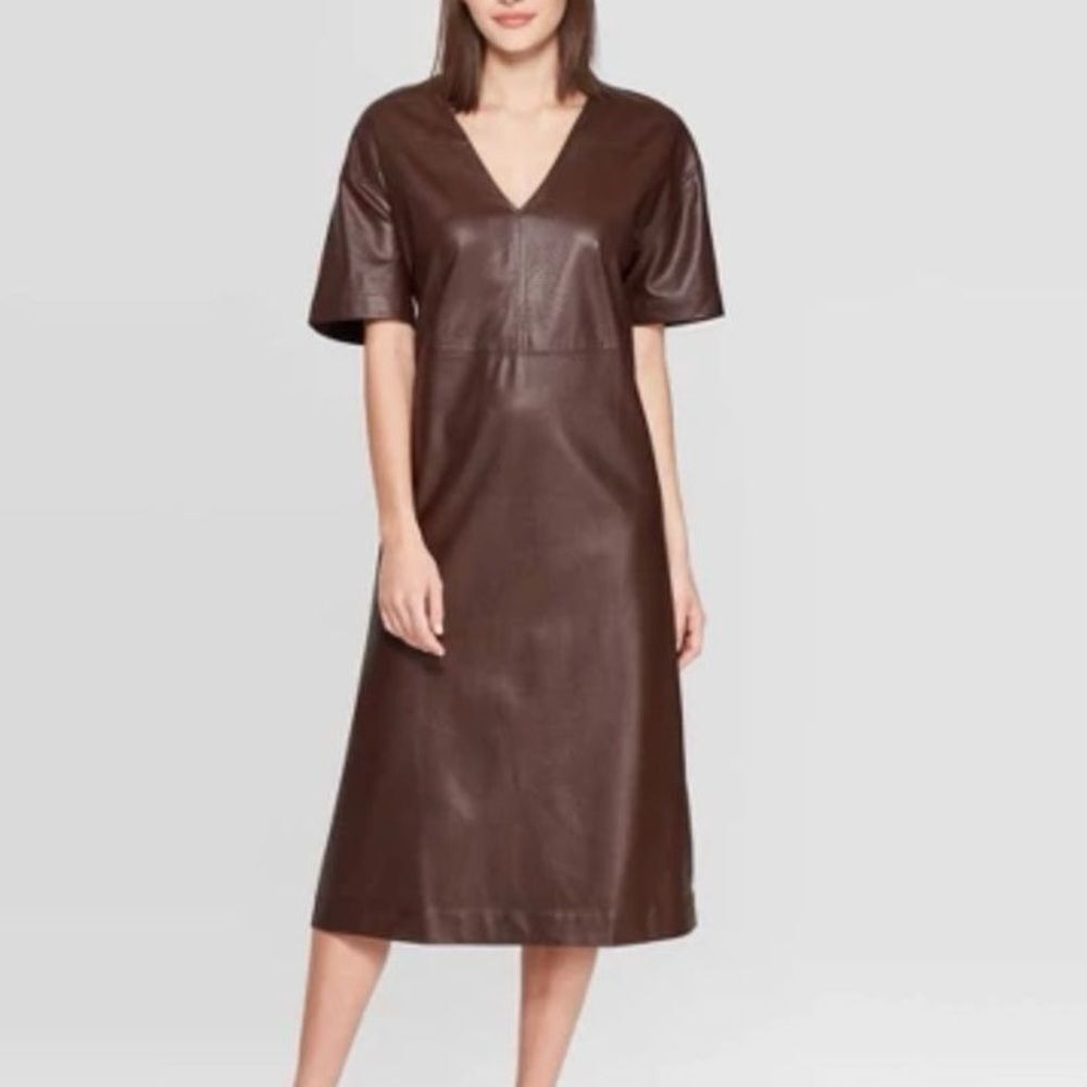 Prologue Faux Leather Dress Dark Brown Sz XS Short Sleeve V-Neck NWOT